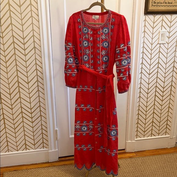 Asha Dresses & Skirts - Bohemian Red Embroidered Maxi Dress with Waist Tie